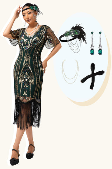 Vestido verde escuro Fringe Fringe 1920s com conjunto de acessórios de 4 peças